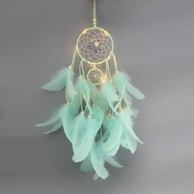 DW4Trading Dromenvanger met Kralen en Veren en Led Verlichting - Dreamcatcher - 50x11 cm - Mint Groen Mint groen met LED