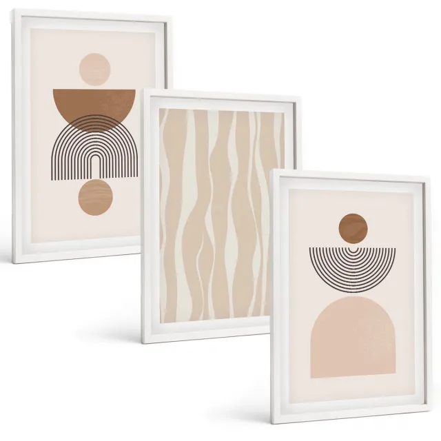 TULUP 3-Delige Schilderij Set - Abstracte vormen in bruine en beige tinten - 40x60 - Wanddecoratie - Schilderijen Set - Interieur - Interieur Decoratie Witte lijst