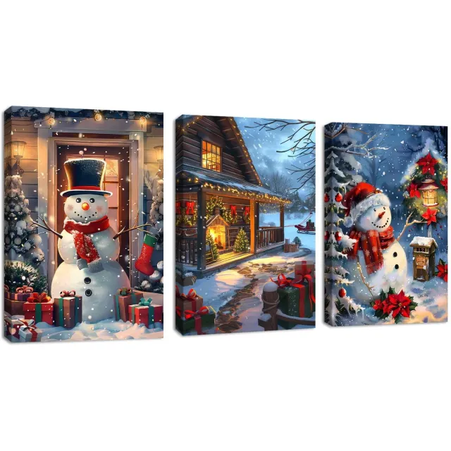 Unyqoos Set van drie winterse canvas schilderijen met houten frame voor wanddecoratie meerdere