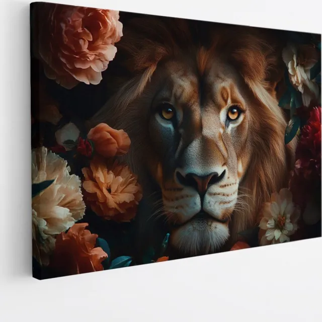 Saammp Canvas Schilderij - Leeuw - Bloemen - Natuur - Landschap - 30x20 - Foto op canvas - Wanddecoratie - Muurdecoratie Woonkamer - Slaapkamer decoratie - Canvas Print Multicolor