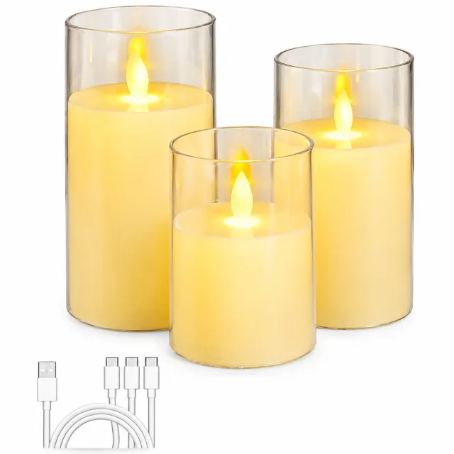 SWGOTA elektrische kaarsen, oplaadbare set van 3 met bewegende vlam en transparante cilinder, diameter 7,5 cm, hoogtes 10/12,5/15 cm Crème