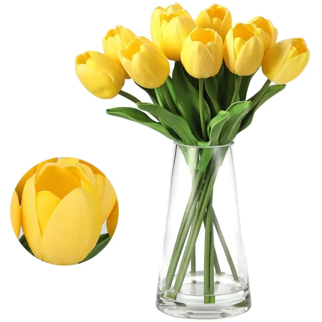 Danky Kunstmatige tulpen - Arrangement in glazen vaas - 10 stelen - Geschikt voor huisdecoratie, tafelsetting, bruiloften - Geel, 35 cm