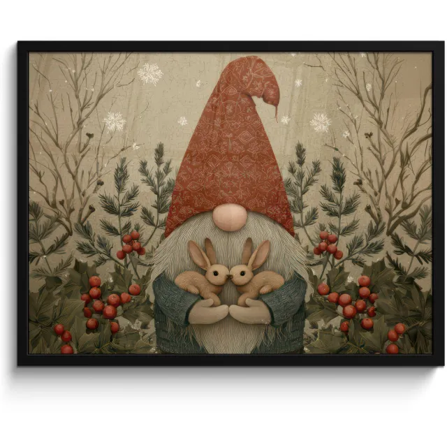 FrameYourWall Poster in lijst - Fotolijst 70x50 cm - Posters - Kerstgnome - Konijntjes - Kleurrijk - Posterlijst zwart - Decoratie - Wanddecoratie woonkamer - Muurdecoratie slaapkamer - Kerstversiering - Kerstdecoratie voor binnen - Kerstmis
