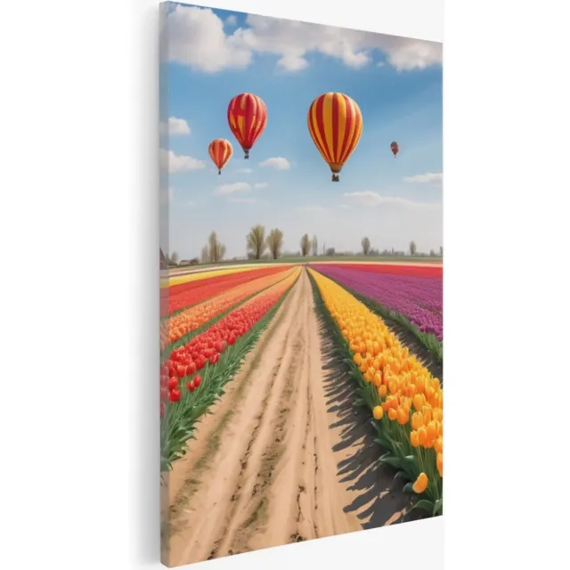 Saammp Canvas Schilderij - Landschap - Luchtballonnen boven een tulpenveld met een molen - Natuur - 50x70 - Foto op canvas - Wanddecoratie - Muurdecoratie Woonkamer - Slaapkamer decoratie - Canvas Print Multicolor