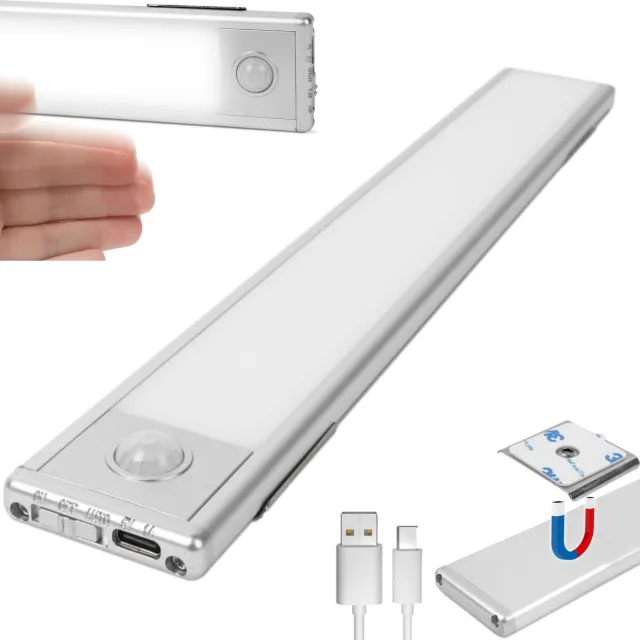 PHENOM LIGHTING TECHNOLOGY Ultradunne Kastverlichting met Bewegingssensor - 3 modi - Monteert Magnetisch - USB oplaadbaar - Keukenverlichting onderbouw – Verlichting met sensor - Draadloos Zilver