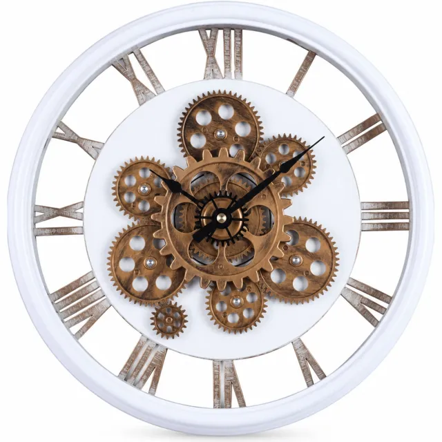 SWGOTA Witte wandklok 37 cm - opengewerkt retro ontwerp met tandwielen en Romeinse cijfers