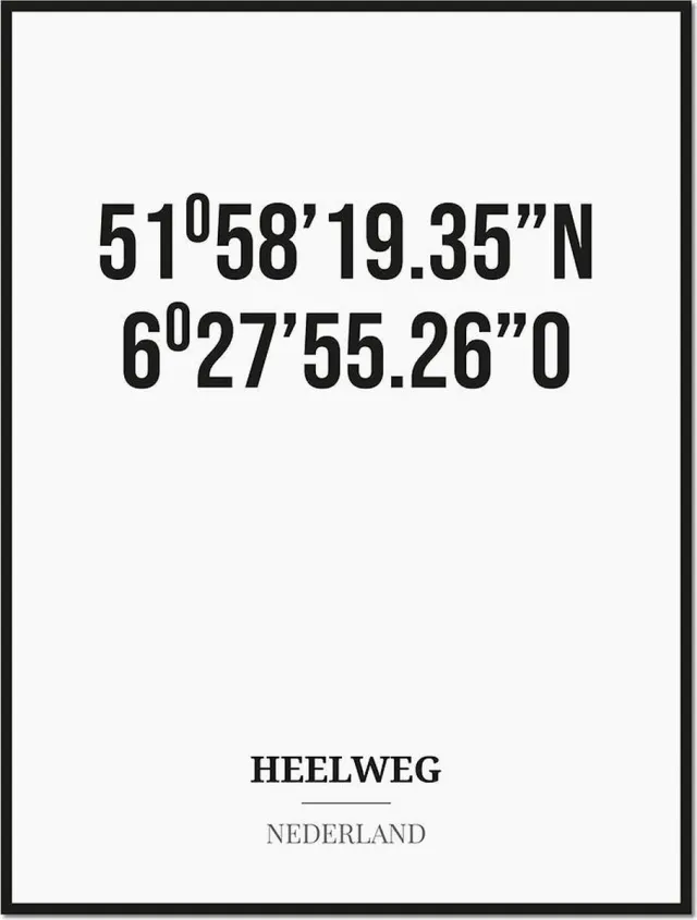 Studio216 Poster/kaart HEELWEG met coördinaten zwart, wit