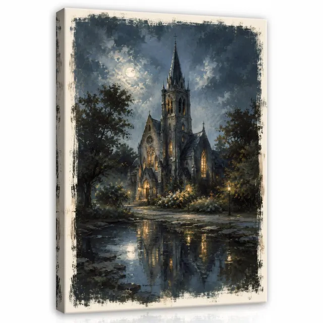 WALLARENA Schilderij op canvas - 60x40 cm - gotische kathedraal bij nacht in vintage stijl - wanddecoratie voor woonkamer en slaapkamer Blauw