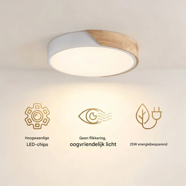 Lemlit Houten LED Plafondlamp 32 cm - Moderne Plafondverlichting met Houtlook Frame - 25W 2500 lm 3000K Warm Wit - voor Woonkamer Hal Thuiskantoor en Veranda - Wit Naturel