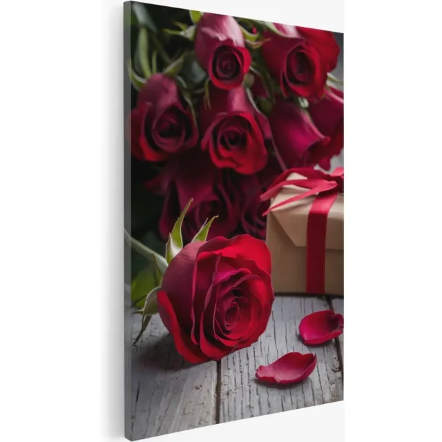 Saammp Canvas Schilderij - rode rozen met cadeau - Natuur - Bloemen - 30x40 - Foto op canvas - Wanddecoratie - Muurdecoratie Woonkamer - Kantoor Decoratie Multicolor