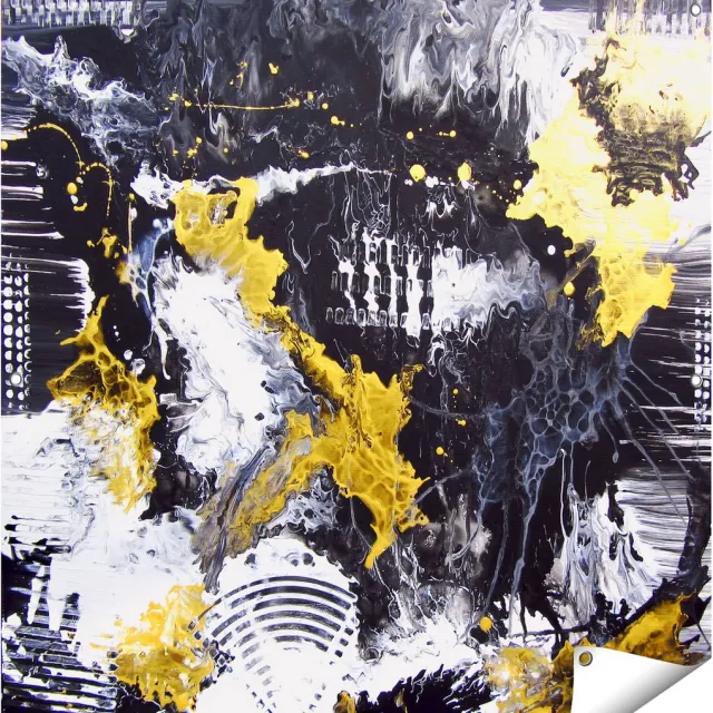 Gards Tuinposter Abstracte Kunst met Zwart, Wit en Goud - 100x100 cm - Tuindoek - Tuindecoratie - Wanddecoratie buiten - Tuinschilderij Multikleur