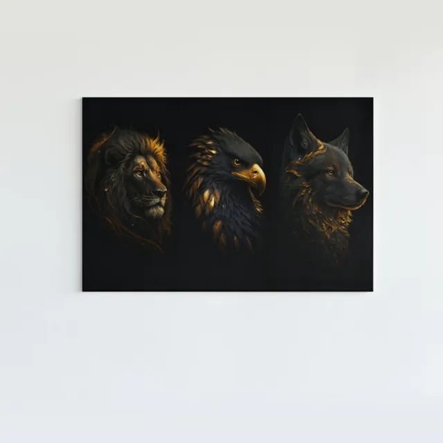 Trendex Global Canvas Schilderij - Wilde Dieren - Leeuw - Adelaar - Wolf - 120x80x2 cm Zwart