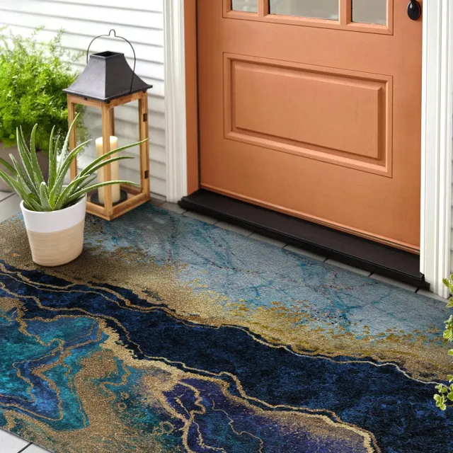 Coloray Buiten Deurmat - Blauw Polyamide Deurmat - Blauwe Marmer Deurmat Met Rubber Onderkant - Stijlvolle Buitenruimte - Winter Deurmat Buiten - Grote Buiten Deurmat Voor Voordeur - 150x100 cm Blauw - Blauwe Marmer