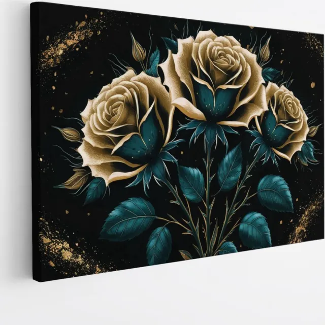 Saammp Canvas Schilderij - goud Groene bloemen - Abstract - 45x30 - Foto op canvas - Wanddecoratie - Muurdecoratie Woonkamer - Kantoor Decoratie Multicolor
