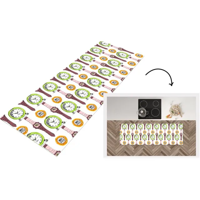 KitchenYeah Keukenloper - Loper keuken - Wekker - Horloges - Stopwatch - Patronen - 180x60 cm - Keukenloper vinyl Multicolor
