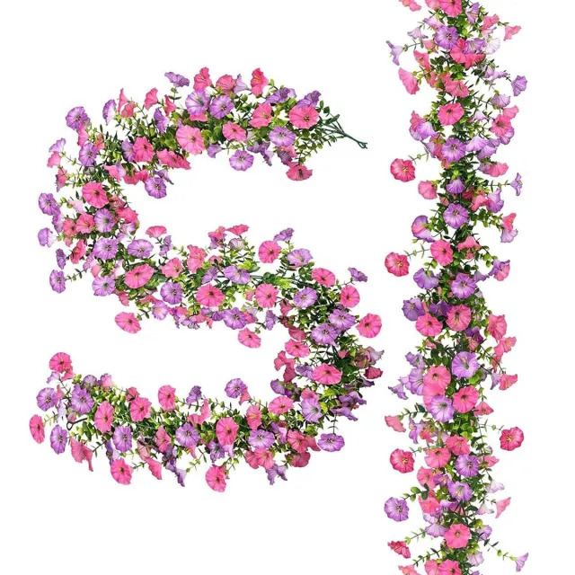 Mrilary 2-delige Kunsthangplant Petunia - 180cm Bloemenslinger - 116 Zijden Bloemen - UV-Bestendig & Weerbestendig - Luxe Hangende Kunstbloemen voor Balkon, Terras & Schutting - Roze & Paars Roze & Paars*2