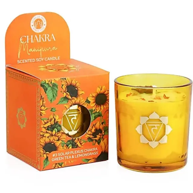 Phoenix Import Mani Bhadra Soja geurkaars Manipura chakra groene thee & citroengras – Ø7 cm x 8 cm geel