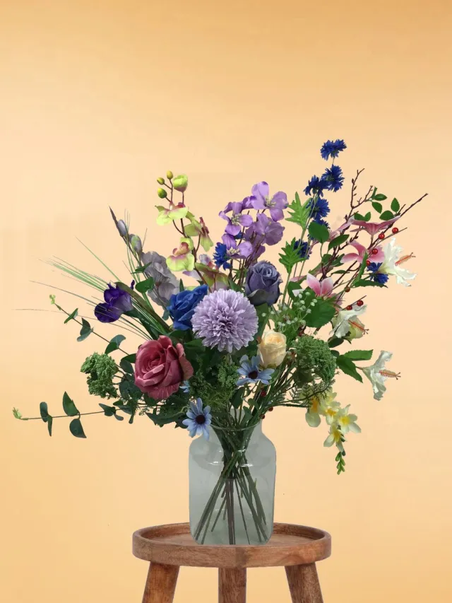 The Bloomistic Company The Bloomistic® – Zijden Boeket – 70-80 cm hoog – Kunstbloemen – 25 stelen – moederdag – nepbloemen – housewarming cadeau – decoratie – decoratie woonkamer paars, groen, geel