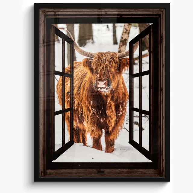 FrameYourWall Poster in lijst - Fotolijst 50x70 cm - Posters - Schotse Hooglander - Sneeuw - Natuur - Dieren - Doorkijk - Winter - Posterlijst zwart - Decoratie - Wanddecoratie woonkamer - Muurdecoratie slaapkamer