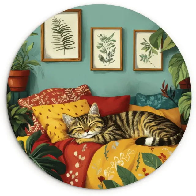 WallCircle Wandcirkel 120x120 cm - Muurcirkel Kat - Planten - Groen - Muurdecoratie woonkamer - Wanddecoratie slaapkamer - Kamer decoratie accessoires - Ronde schilderijen