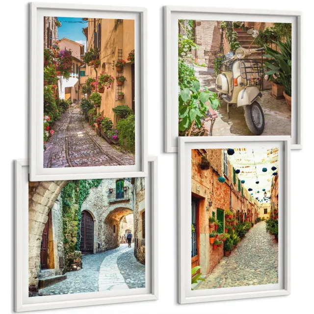 Coloray 4-Delige Schilderij Set - Sfeervolle Straatjes Met Bloemen In Een Italiaanse Ambiance. - 40 x 40 En 40 x 60 - Muurdecoratie - Schilderijen Set - Woonkamer - Woonkamer Decoratie Witte lijst