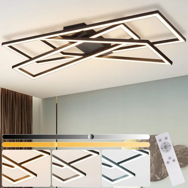 NETTLIFE Plafondlamp LED - Zwart - rechthoekig - 3-Lichts - 3000 -6000K Dimbaar - Moderne Plafondverlichting - voor Woonkamer | Slaapkamer | Keuken | Gang - 45W