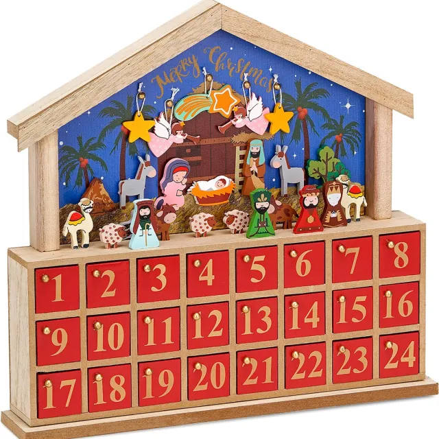 Brubaker Herbruikbare Houten Adventskalender- 24 Vakjes om zelf te vullen met kleine Cadeautjes - Bethlehem - Doe-het-zelf-kalender 34,5 x 32 x 6 cm