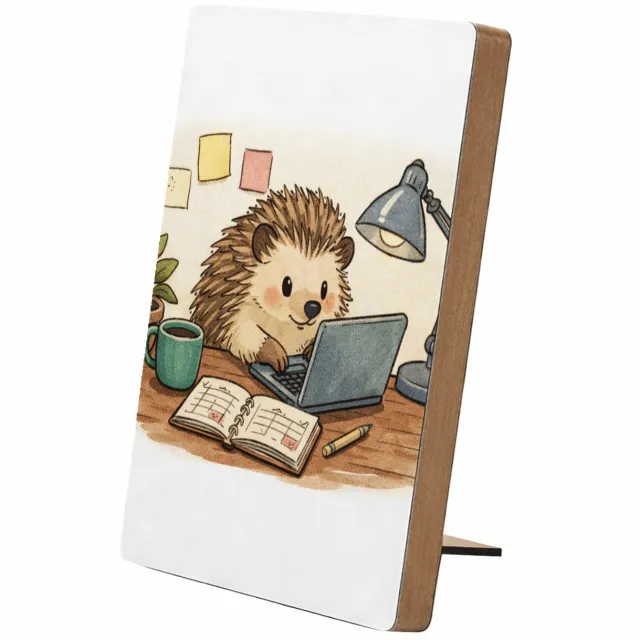 Mr Cadeautjes Glasframe/MDF 12,7 x 17,8 - design Een egel in een kleine thuiswerkhoek met post-its, planner e | cadeau Wit
