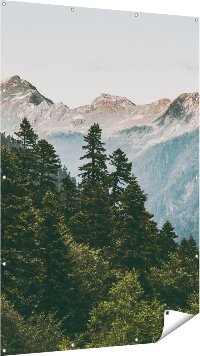 Gards Tuinposter Bos met Bomen in de Bergen - 120x180 cm - Tuindoek - Tuindecoratie - Wanddecoratie buiten - Tuinschilderij Multikleur