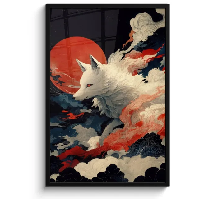 FrameYourWall Poster in lijst - Fotolijst 60x90 cm - Posters - Witte vos - wolken - maan - Posterlijst zwart - Decoratie - Wanddecoratie woonkamer - Muurdecoratie slaapkamer