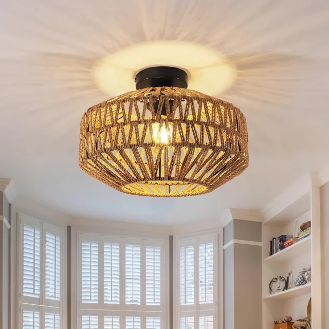 Haobosic Hanglamp Vintage Boho - Gevlochten Bamboe en Rotan Plafondlamp Ø30cm - E27 Max 60W - Gezellige Verlichting voor Woonkamer, Slaapkamer, Keuken, Hal (Ampol niet inbegrepen) Black
