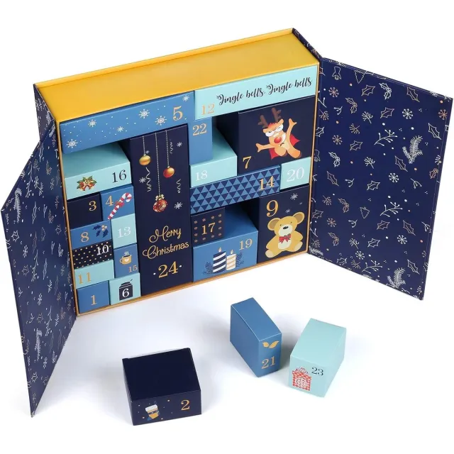 Dutchers Lege Adventskalender - 24 Vakken - Herbruikbaar Cadeaudoos - Luxe Kerstverpakking - Donkerblauw met Gouden Accenten - Iedere dag een cadeau - Aftellen tot kerstmis - Kerstcadeau - Cadeautip - Geschenkbox