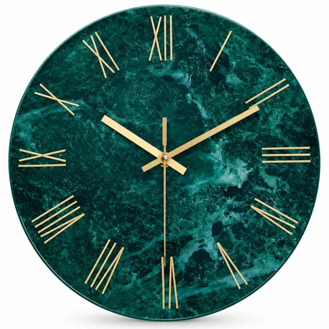 SWGOTA Ronde wandklok 30 cm van gehard glas met groene marmerprint, goudkleurige Romeinse cijfers en wijzers, 1 stuk Blauw