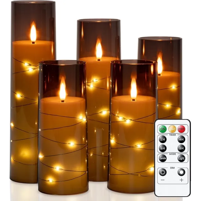 Unyqoos Set van 5 sfeervolle LED-kaarsen met ingebouwde lichtketting en afstandsbediening Bruin