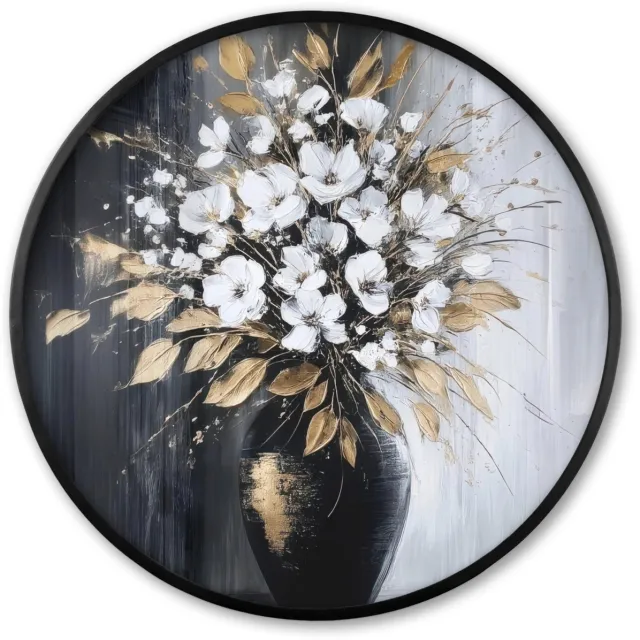FrameYourWall Poster in lijst Rond - Fotolijst 80x80 cm - Posters - Bloemen - Wit - Vaas - Abstract - Ronde posterlijst zwart - Decoratie - Wanddecoratie woonkamer - Muurdecoratie slaapkamer Bloemen - Vaas - Abstract