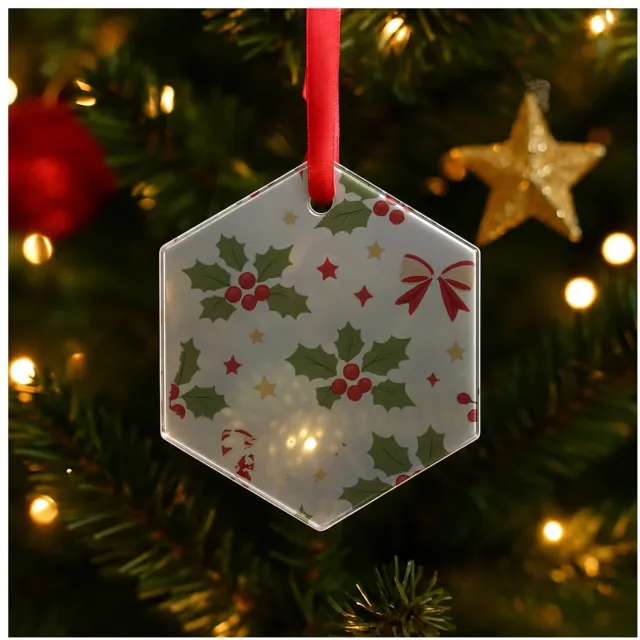 Mr Cadeautjes Glazen hexagon - design Luchtig herhaalpatroon met winterse natuurmotieven in een el | cadeau Wit