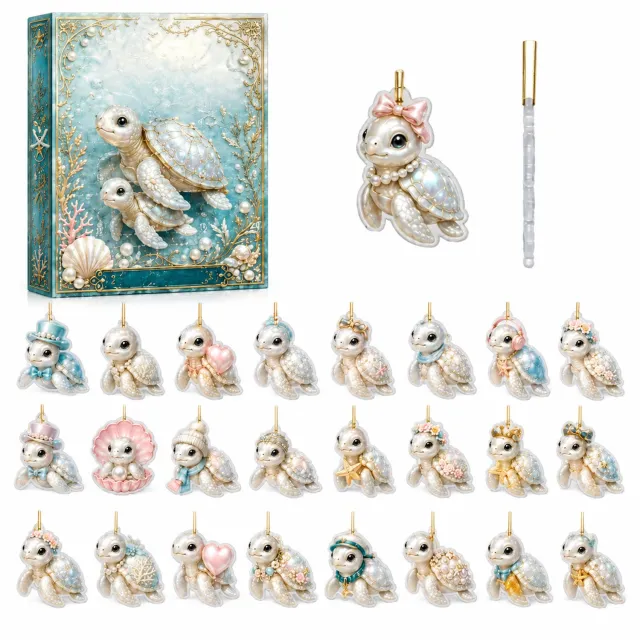 SWGOTA Adventskalender met zeeschildpadden, 24 vakjes en 24 platte acrylhangers met ophangkoordjes, in kartonnen doos Wit