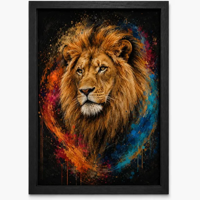 Joshimo Leeuw Poster Kleurrijk | Dierenposter in Art Style | Wanddecoratie Woonkamer | Inclusief Zwarte A4 Lijst