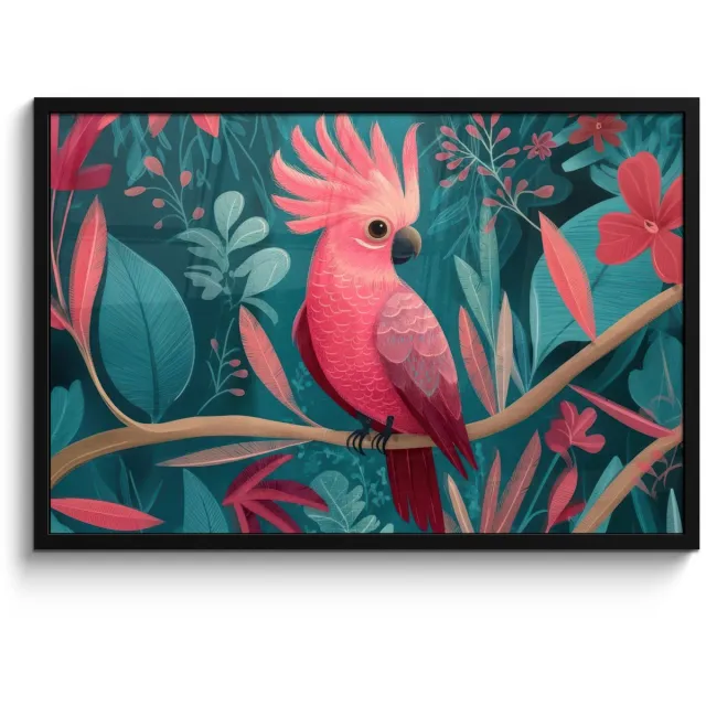 FrameYourWall Poster in lijst - Fotolijst 90x60 cm - Posters - Kaketoe - Tropische bladeren - Tak - Posterlijst zwart - Decoratie - Wanddecoratie woonkamer - Muurdecoratie slaapkamer