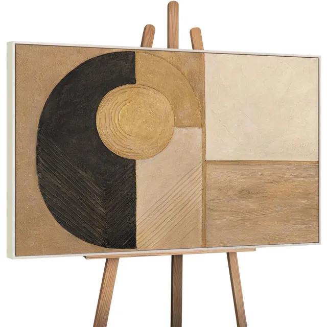 YS Canvas schilderij 120x80 cm handgeschilderd vorm en textuur – YS-Art Gallery – Lijst: Hout – Luxe wanddecoratie Beige