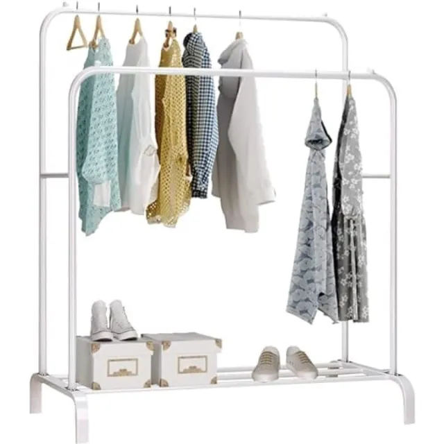 PromoHome Dubbele Kledingstandaard met Schoenenrek - 110 x 150 x 54 cm met schoenenhouder, organizer, eenvoudige montage (Wit)
