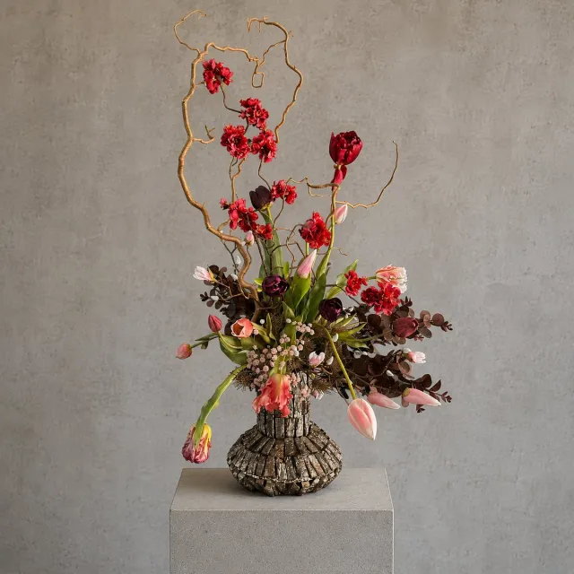 Seta Fiori Groot Kunstbloemstuk Bordeaux en Donkerroze in Luxe Vaas - 110 cm - Handgemaakt in Nederland - Uniek Exemplaar - Hotel Chique Stijl bordeaux, roze diep fel roze