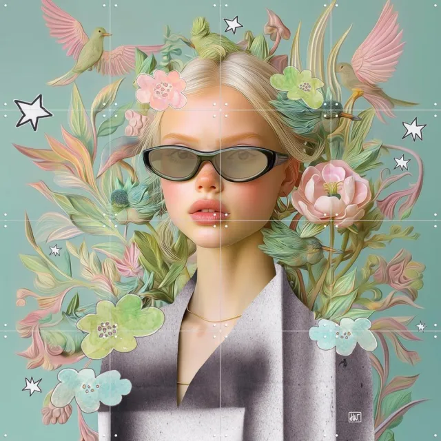 IXXI Bloom Coded, Henriette Visscher - 80 x 80 cm - Grote wanddecoratie en posters - Modern, Pop art, Fantasierijk, Surrealisme, Digitale Kunst Grijs / Roze / Blauw / Groen