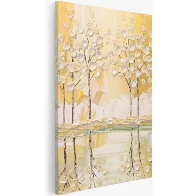 Saammp Canvas Schilderij - Abstract bos - Goud - Wit - Landschap - Natuur - 75x100 - Foto op canvas - Wanddecoratie - Muurdecoratie Woonkamer - Slaapkamer decoratie - Canvas Print Multicolor