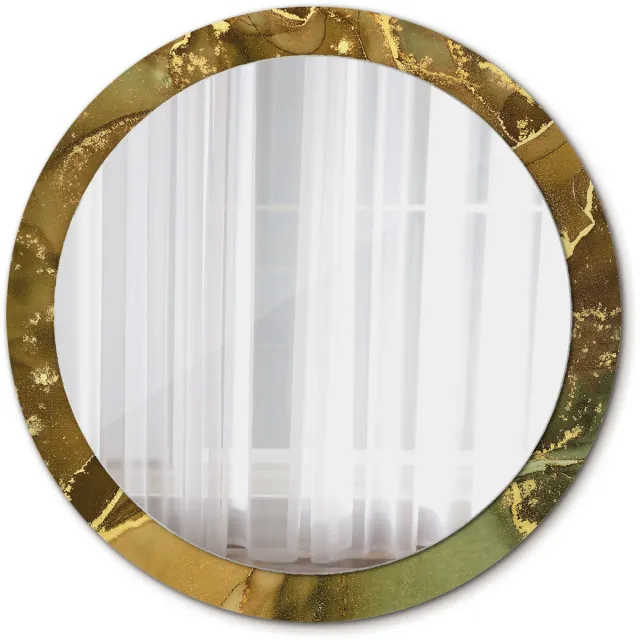 TULUP Spiegel - Ronde vorm Spiegel - op gehard Glas - Metallic wervelingen - Diameter: 90 cm - Spiegel met decoratieve opdruk - Inloopkastspiegel – Badkamerspiegel - Toiletspiegel - Gouden - Met spiegelprint - Stijlvolle Spiegel - Glazen spiegel Goud Metallic wervelingen