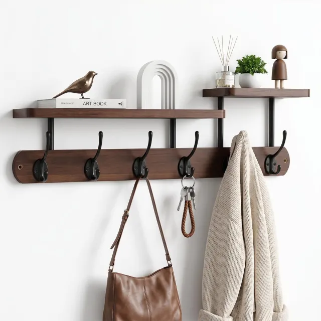 Famanu Wandkapstok met plank, houten kapstokhaak met 6 haken, ideaal voor gangen, garderobe en slaapkamer, 59 cm, donkere houtkleur Naturel