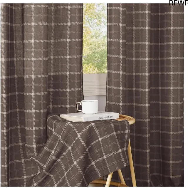 RFWR Transparante Raamgordijnen met Ruitjesprint voor Woonkamer en Slaapkamer - 132x245 cm Bruin