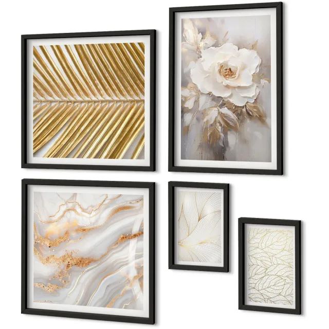 Coloray 5-Delige Schilderij Set - Stijlvolle Plantmotieven Met Delicate Bloemen En Bladeren. - 50 x 50 cm, 20 x 30 cm En 40 x 60 cm - Stijlvolle Muurdecoratie - Kantoor zwarte lijst