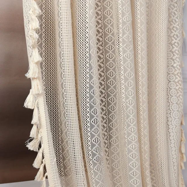 Gabriela-Gordijnen Gabriela-Decor Kantgordijnen Boho met Franjes – Set van 2 - 145x250 cm – Beige - woonstijl - Bohemian interieur - Met plooiband - tunnel -Boho gordijnen