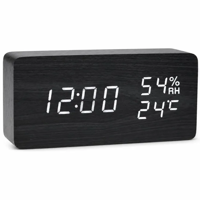 TIN-IN Digitale klok - Bureauklok - Wooden look - Zwart + Witte cijfers met Temperatuur- en Luchtvochtigheidsmeter